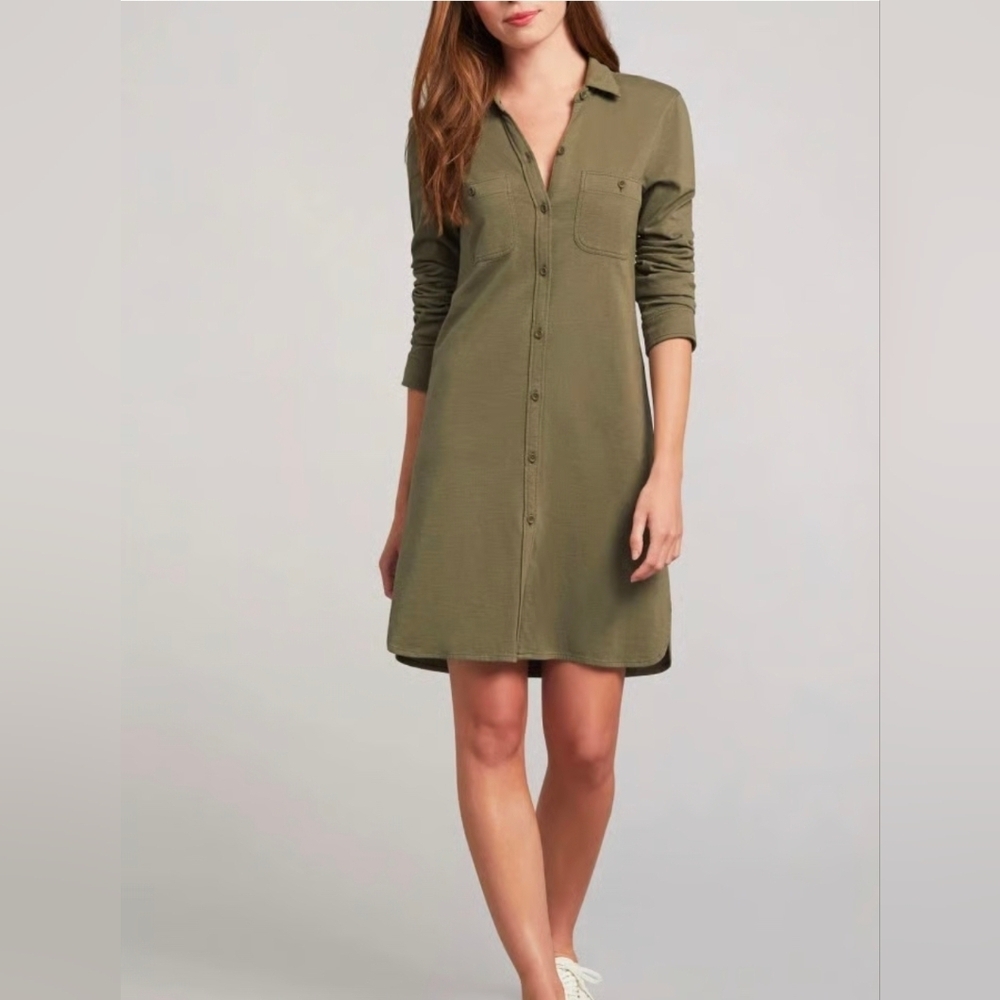 Faherty Knit Season Shirt Dress In Pine Olive Size Small